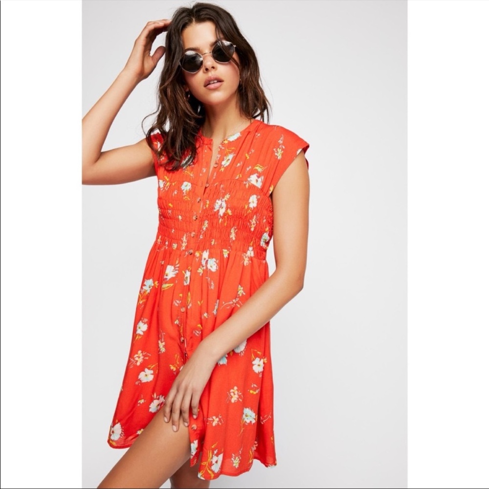 Free People Greatest Day Smocked Mini Dress Floral Print Summer Button Front